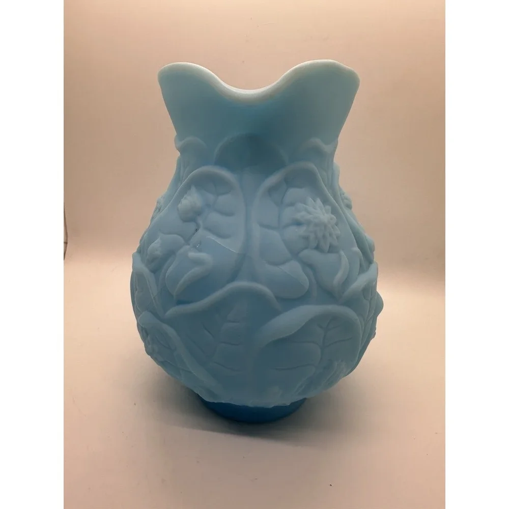 Vintage Fenton Blue‎ Satin Glass Water Lily Pattern Pitcher